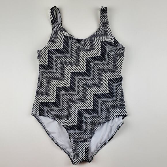 Catalina Swim One Piece Swimsuit Padded Support Bra Black Chevron Pattern Large - Picture 1 of 8